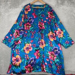 Solange Satin Pajama Top Womens 2XL‎ Blue Floral Button Up Sleepwear Vintage 90s